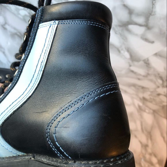 John Fluevog Black Chunky Platform Lace Up Combat Boots with Blue Angle Stripe - Picture 9 of 16